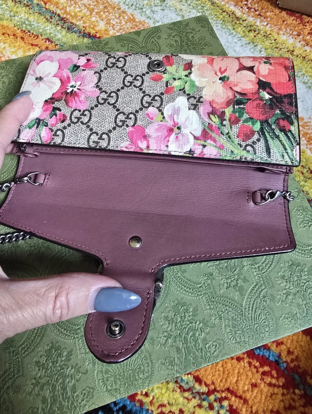 Authentic Gucci Floral Print Chain Wallet in Pink and Green